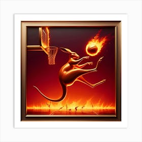 A Bouncing Kangaroo Playing Basketball With Fire, Inspired By The Kinetic Sculptures Of Alexander Calder, With A Fiery Red And Orange Palette, Where The Fire Is In Focus And The Rest Of The Scene Is Blurred 1 Art Print