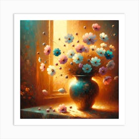 Cosmos Flowers In A Vase at the Golden Hour Art Print