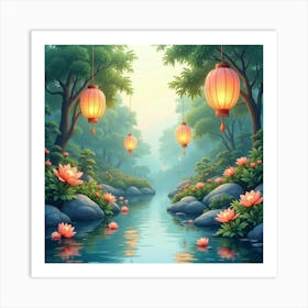 Dreamlike Watercolor Garden With Floating Lanterns 1 Art Print