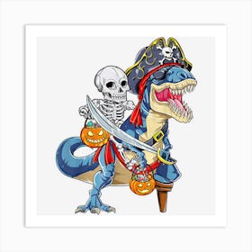 Pumpkin Skeleton Riding Dinosaur Halloween Boy Girl Kids Art Print