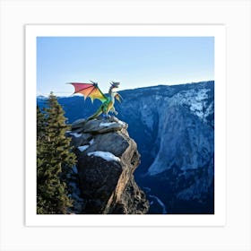 Iridescent Dragon Perched Atop A Snow Capped Mountain Peak Scales Shimmering With Ever Changing Col Art Print