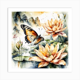 Watercolour Butterflies over Lilly Pond III Art Print