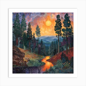 Sunset In The Forest, Tiny Dots, Pointillism Art Print
