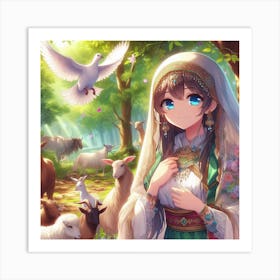 Anime Girl With Goats Art Print