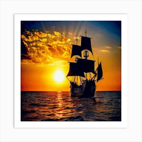 Pirate Ship At Sunset,Black pirate ship sails into the sunrise with the sun peeking over the horizon Art Print