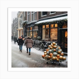 Paris cafes, winter season, Christmas, pale colors, pedestrians in the street, winter clothes, falling snow.5 1 Art Print