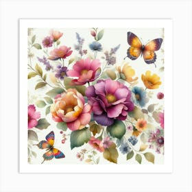 An arrangement of colorful flowers, such as pink roses, yellow daffodils, and purple irises, with green leaves and orange butterflies, painted in a watercolor style on a white background. Art Print