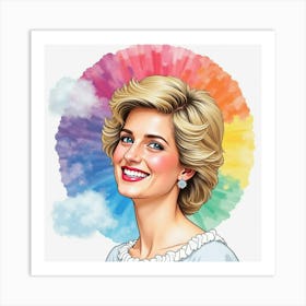 Watercolor Rainbow Sky, Princess Diana’S Beautiful Smiling Face 1 Art Print