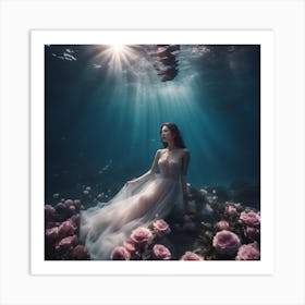 Tyndall Effect, A Beautiful Gregnent Women Lies Underwater In Front Of Pale Purpur Roses, Dress, Sun Art Print