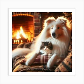 Dog And Cat In Front Of Fireplace 1 Art Print