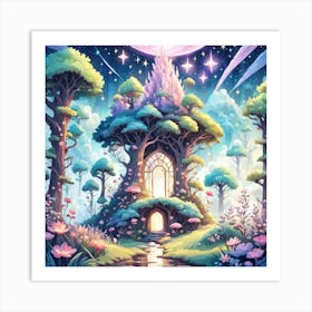 A Fantasy Forest With Twinkling Stars In Pastel Tone Square Composition 121 Art Print