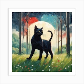 Black Cat In The Moonlight Art Print