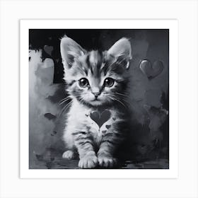 Black and White Kitten With Heart Art Print