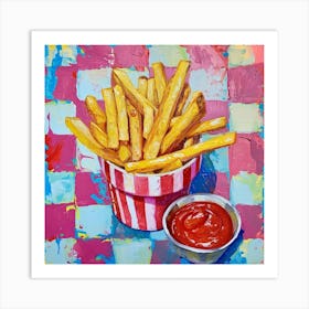 Fries & Ketchup Checkerboard Background 2 Art Print