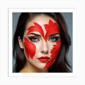 Beautiful Woman With Red Leaves On Her Face Art Print