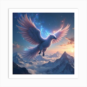 A Mythical Griffin With Feathers Of Swirling Galaxies Soaring Over A Dreamlike Mountain Range Art Print