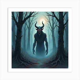 Horror Demon In A Watercolor Spooky Forest With Dark Fog 1 Art Print