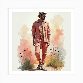 Trendy Man In Watercolor Attire, Vibrant Summer Festival 1 Art Print