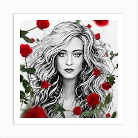 Portrait Of A Woman With Roses 1 Art Print