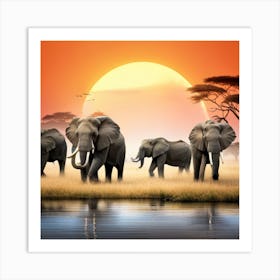 Elephants At Sunset Art Print