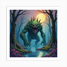 Monster In A Colorful Watercolor Swamp, Dark And Menacing 1 Art Print