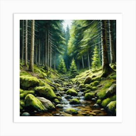 Stream In The Forest, Acrylic Painting Style 19 Art Print