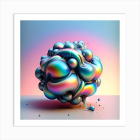 High-resolution image of a surreal, iridescent liquid blob with a glossy surface that reflects a spectrum of rainbow colors. Art Print