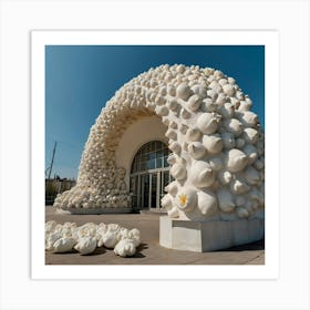 a popup store building from future made of concrete, glass and a lot of teddy bears. The structure is the shaped like an arch with a large circular concrete staircase inside. on the facade there are a lot of soft beige bears. In front there is "THE PTASHATKO" written on it. the weather is sunny outside, the sky is blue. The photography is in the style of street photography and architectural magazine photography. Outside we see big white flowers and more tulip petals covering all around the space. 1 Art Print