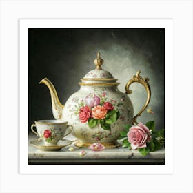 A very finely detailed Victorian style teapot with flowers, plants and roses in the center with a tea cup 1 Art Print