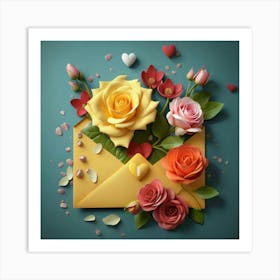 An open red and yellow letter envelope with flowers inside and little hearts outside 8 Art Print