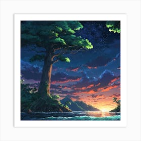 Majestic Twilight Sky Over A Serene Coastal Landscape With An Ancient Tree Art Print