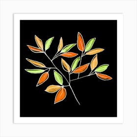 Floral Branches Orange Green On Black 2 Art Print