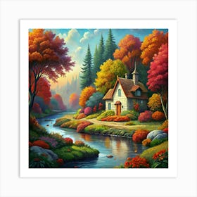 Small Stone House By A Stream In An Autumn Forest Art Print