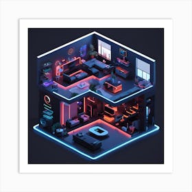 Isometric House With Neon Lights Art Print