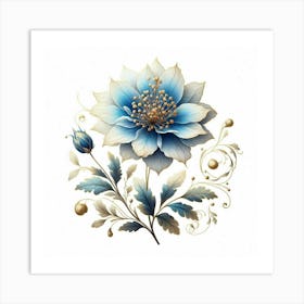 Light Blue and Gold Digital Floral Illustration with a White Background Art Print