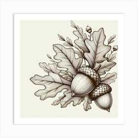 Line Art acorns and leaves 2 Art Print