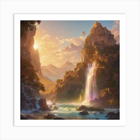 Nature Waterfall With Rainbow Art Print