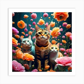 Cats With Flower Background 1 Art Print