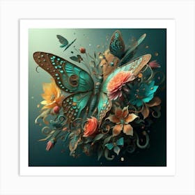 Butterfly With Flowers Art Print