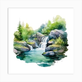 Watercolor Waterfall In The Forest Art Print