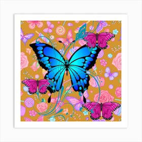 Butterfly And Roses Art Print