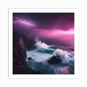 Lightning Storm Over The Ocean Landscape Art Print