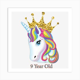 Kids Kids 9 Year Old 9nd Birthday Girls Unicorn Face Art Print