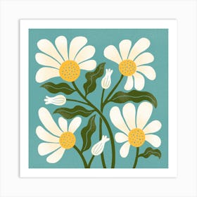 Daisy Blooms In Blue Square Art Print