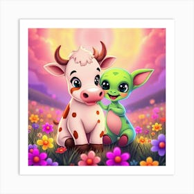 Alien Baby And Cute Cow Art Print