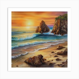 Artwork, oil colors, sea and sunset, seashore, beach rocks.San Francisco, USA.13 Art Print