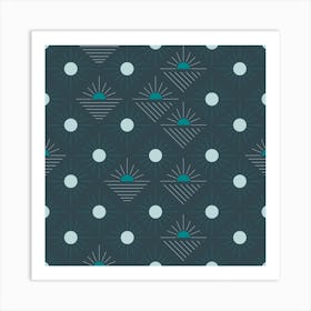 Geometric Pattern With Green And Light Blue Suns On Dark Blue Square Art Print