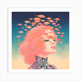 Risograph Style Surreal Woman & Fish, Candy Colours Art Print