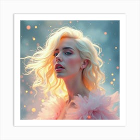 Watercolor Of Lady Gaga In A Mystical Mist, Surrounded By Glowing Orbs And Soft Colors 1 Art Print