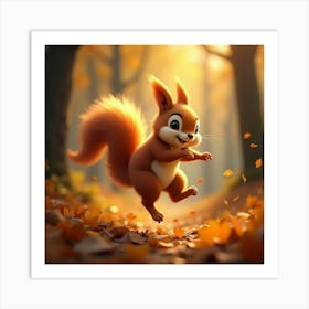 A Squirrel With Glowing Fur, Leaping Through An Autumn Forest With Golden Leaves Art Print